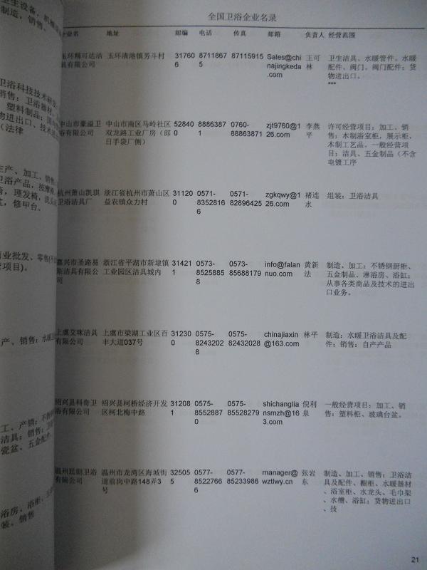 中國(guó)衛(wèi)浴企業(yè)黃頁(yè)可開(kāi)展精準(zhǔn)營(yíng)銷(xiāo)，電話營(yíng)銷(xiāo)、郵件營(yíng)銷(xiāo)、傳真營(yíng)銷(xiāo)等等多管齊下，圓您銷(xiāo)售冠軍夢(mèng)